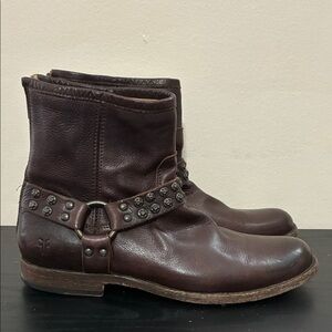 Frye Boots Phillip Studded Harness Ring Short Moto Biker Zip Brown size 10